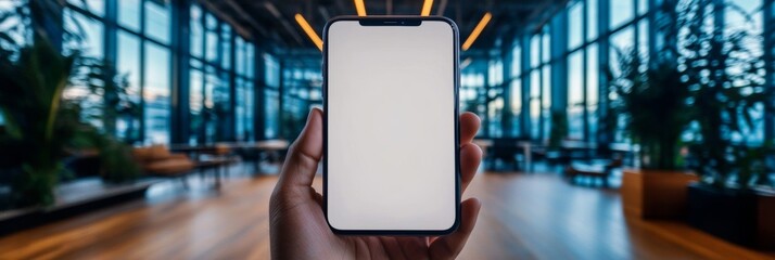 Person holding smartphone with blank screen in modern building. Mockup for app or website design.