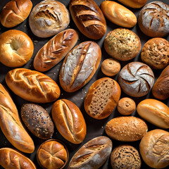 Obraz premium An Overhead Perspective of Numerous Fresh Loaves, Neatly Arranged on a Dark Surface