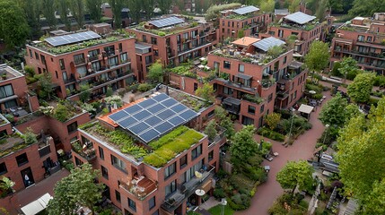 Fototapeta premium Urban sustainable housing complex with rooftop gardens and solar panels