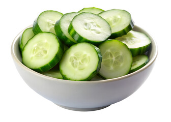 A bowl of fresh cucumber slices on transparent background 