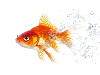 Fototapeta premium Goldfish in profile with bubbles on png and transparent background