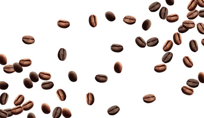 Falling coffee beans isolated on transparent background. Flying defocusing coffee grains. Applicable for cafe advertising, package.energy, freshness.Mesh gradient wes used