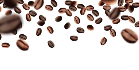 Coffee beans flying background. Black espresso grain falling on white. Rustic coffee bean fall isolated. energy, freshness.Mesh gradient wes used