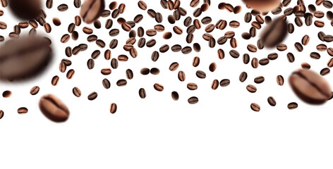Coffee beans flying background. Black espresso grain falling on white. Rustic coffee bean fall isolated. energy, freshness.Mesh gradient wes used