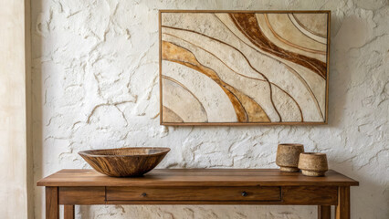 Textured white and brown plaster wall featuring abstract art, complemented by a wooden bowl on an elegant table, creating a sophisticated, minimalist, and earthy interior design composition.