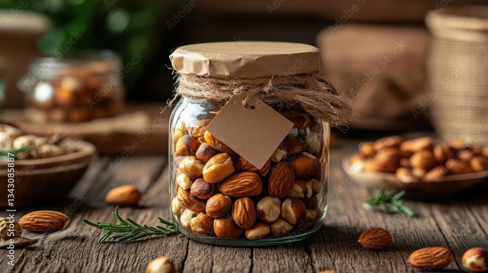 Poster nutritious jar of mixed nuts: a rustic arrangement features a clear glass jar overflowing with a mix