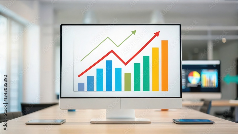 Poster Modern Office Workspace with Graph Displaying Upward Trends
