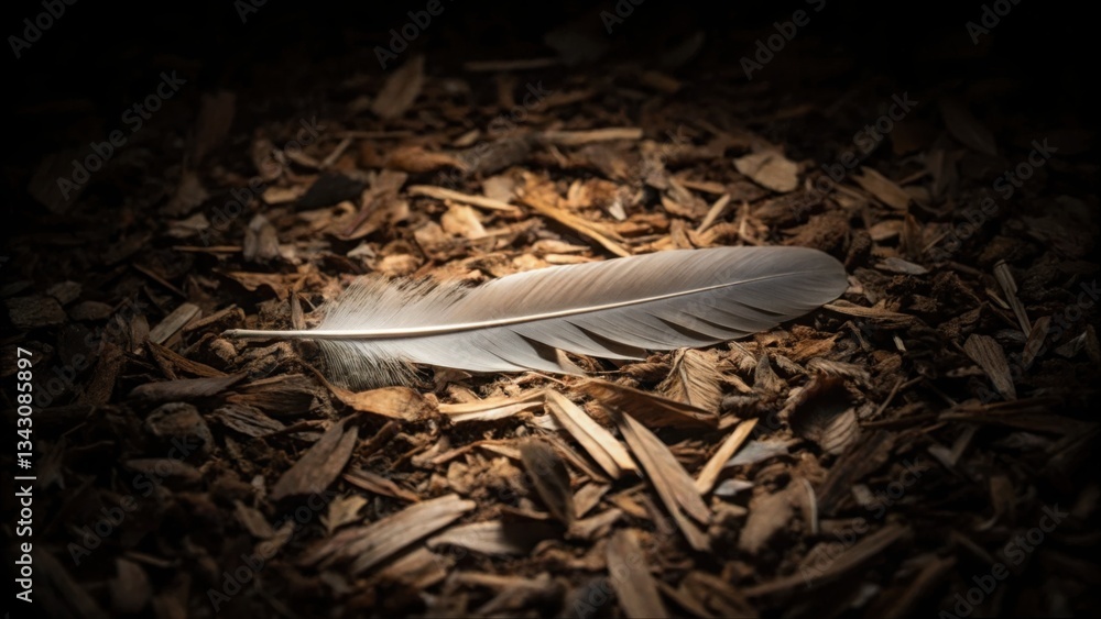 Aufkleber feather resting gracefully on pile of sawdust in natural setting