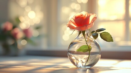 Single peach rose in a glass vase on a windowsill.