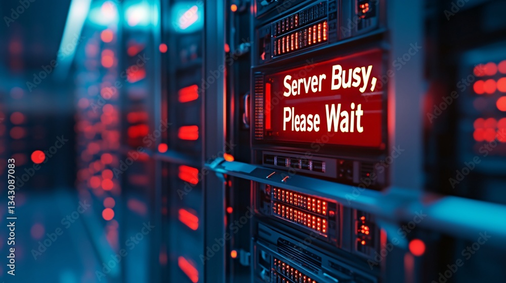 Poster a futuristic server room with led text on the racks reading 