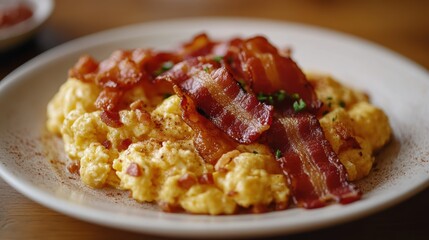 Naklejka premium A plate piled high with golden scrambled eggs and crispy bacon, a symphony of textures and flavors, a culinary masterpiece ready to nourish the body.