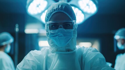 Focused Surgeon: A determined surgeon, fully clad in sterile attire and protective eyewear, gazes intently at the camera within a state-of-the-art operating room.