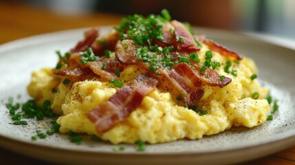 A plate piled high with golden scrambled eggs and crispy bacon, a symphony of textures and flavors, a culinary masterpiece ready to nourish the body.