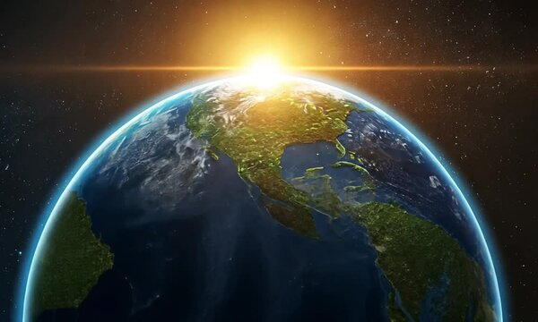 Earth from space with ozone layer protecting the planet and deflecting harmful sun rays in animation. International Day for the Preservation of the Ozone Layer