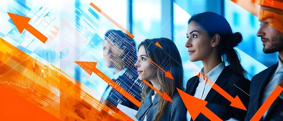 Dynamic Business Team Strategizing Growth with Modern Infographics and Arrow Overlays