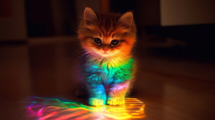 fluffy kitten sits on wooden floor, illuminated by colorful rainbow light reflections, creating magical and enchanting atmosphere