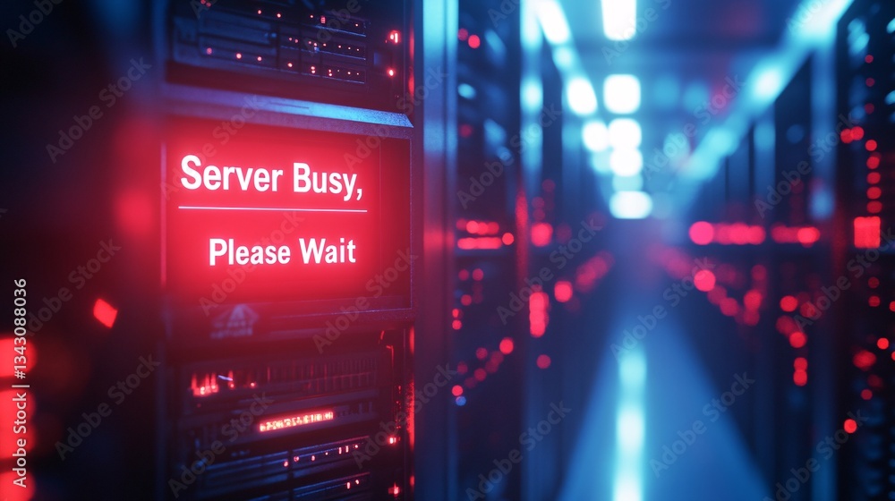 Poster a high-tech data center with a warning message 