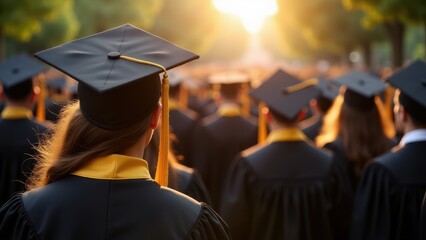 Obraz premium University students in graduation attire celebrate their academic journey under the golden evening light, marking a new chapter in life