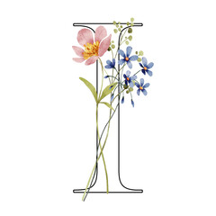 Floral monogram, letter I, alphabet with wild flowers, Initial perfectly for logo, wedding invitation, greeting card, poster and other design. Digital illustration hand drawing.