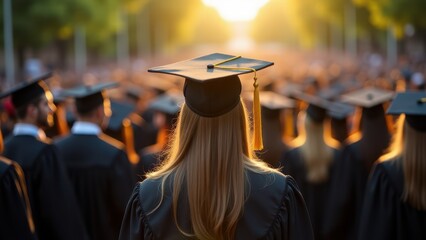 University students in graduation attire celebrate their academic journey under the golden evening light, marking a new chapter in life