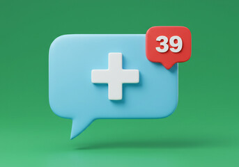 Obraz premium 3D Render of a Light Blue Speech Bubble with White Plus Sign and Red Notification Number 39 on