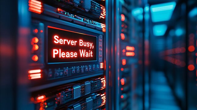 A modern, fully functional data center, with an illuminated server rack warning: "Server Busy, Please Wait," reflecting real-time network delays