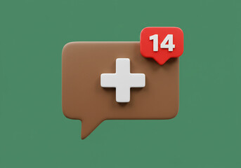 Obraz premium 3D Render of Brown Chat Notification Icon with White Plus Sign and Red 14 Number