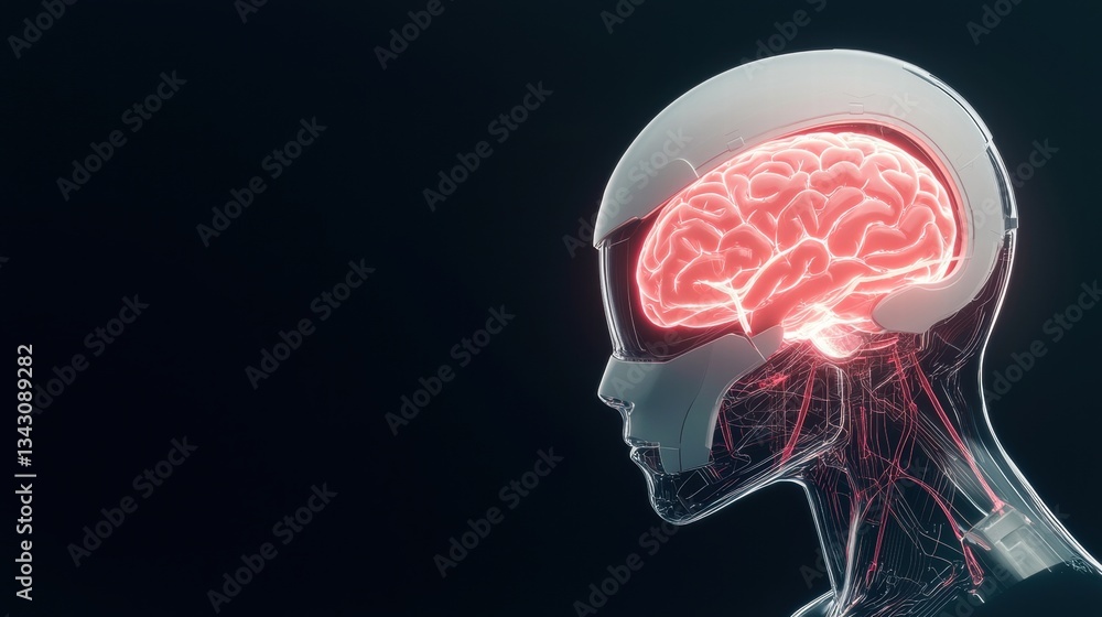 Poster innovative abstract brain or ai icon futuristic robot head with a glowing brain visible through a tr