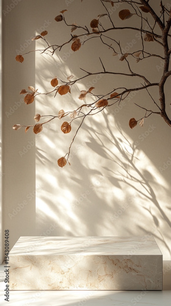 Poster in a tranquil indoor setting, a smooth stone surface reflects gentle light while soft shadows dance 