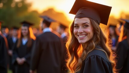 Smiling young woman in graduation cap and gown at a university commencement ceremony. Academic achievement and success.