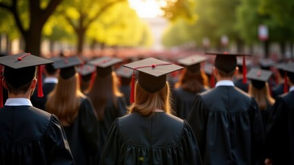 Obraz premium Graduates in caps and gowns walking at a university commencement ceremony at sunset. A symbol of academic success and new beginnings.