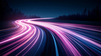 Neon light trails curve through dark forest landscape, creating dynamic and futuristic scene. vibrant pink and purple hues contrast against night sky, evoking sense of speed and motion