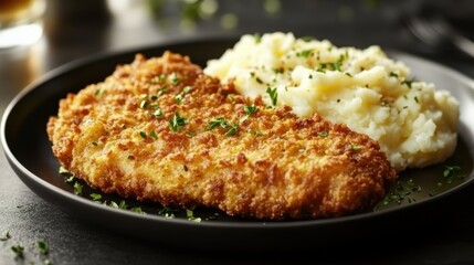 A golden brown breaded chop, crispy and savory, nestled beside fluffy mashed potatoes, a classic comfort food enjoyed by many.