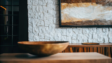 Textured white and brown plaster wall featuring abstract art, complemented by a wooden bowl on an elegant table, creating a sophisticated, minimalist, and earthy interior design composition.