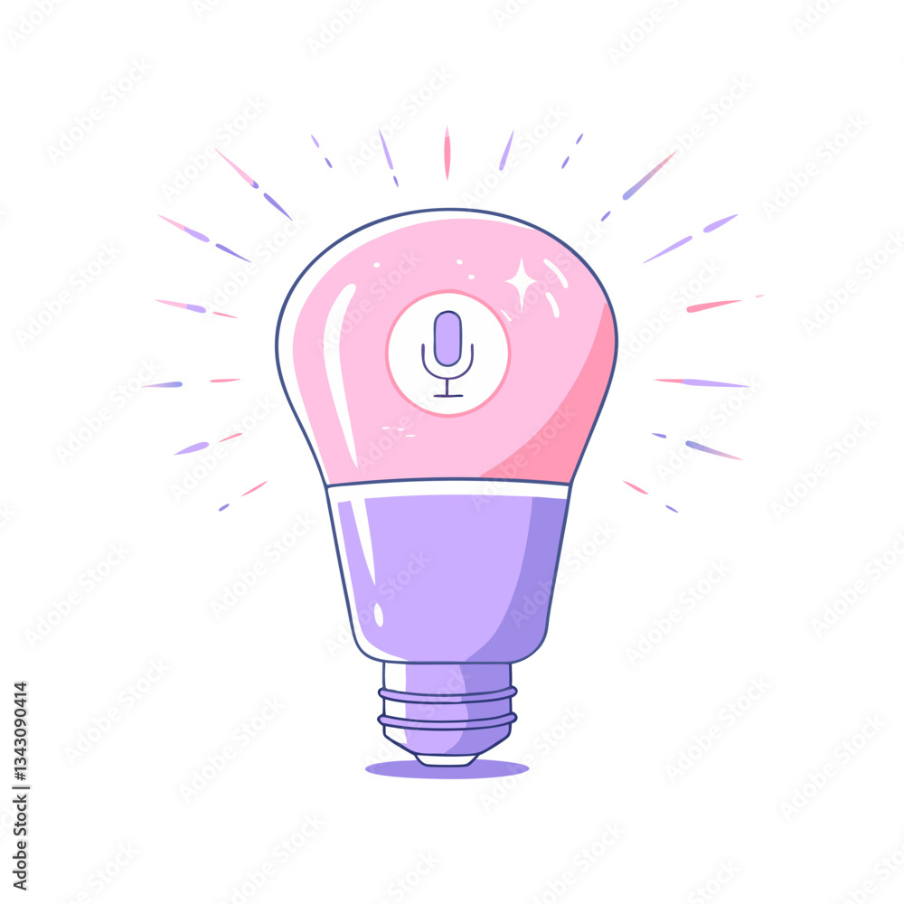 Poster modern smart idea vector featuring a glowing light bulb with a microphone icon, symbolizing voice co