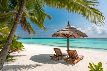 Tropical Beach Paradise: Relaxing Lounge Chairs Under Thatched Umbrella