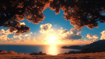 Golden hour sunset over a tranquil ocean viewed from under the branches of a large tree. Warm, inviting colors.