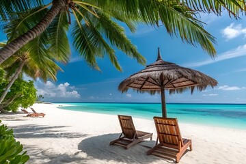 Tropical Beach Paradise: Relaxing Lounge Chairs Under Thatched Umbrella