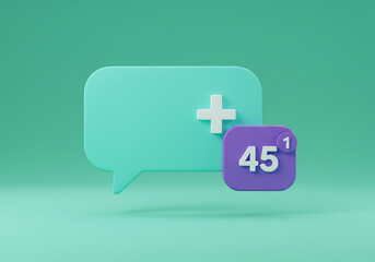 3D Render of Teal and Purple Notification Icons with Plus Sign and Number Counter on Mint Green