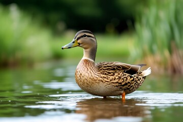 Female mallard duck wading in a peaceful pond with green blurred background