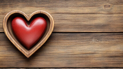 Fototapeta premium red heart shaped object sits inside wooden heart shaped frame on rustic wooden background, symbolizing love and warmth