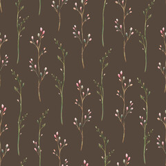 Wildflower sprig. Field plant with pink buds, meadow green creeper twig seamless pattern Cornflower or hypsophila flower. Watercolor hand drawn illustration. Floral fabric on Isolated brown background