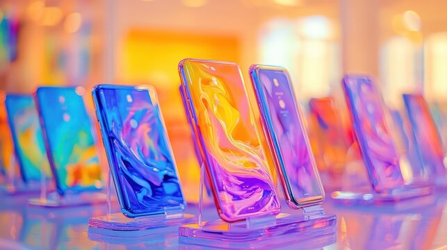 Vibrant smartphone display showcases colorful technology. Electronics exhibit modern futuristic design. Retail setting offers tech immersion with vivid pattern and glossy aesthetics.