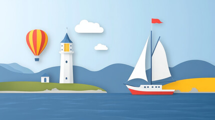 Naklejka premium serene coastal scene features lighthouse, sailboat, and hot air balloon in paper cut style, with mountains and clouds in background