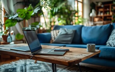 Minimalist home office interior with a wooden desk, laptop, and mobile phone on the table in a modern living room with a blue sofa. Soft focus on blurry boho-style furniture in the background.