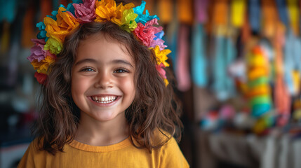 Fototapeta premium Happy Girl with Flower Crown at a Mexican Fiesta