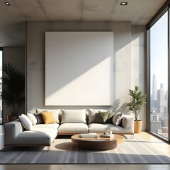 Luxury Canvas Mockup in a Modern High-Rise Living Room with City View Luxury Canvas Mockup in a Modern High-Rise Living Room with City View V3