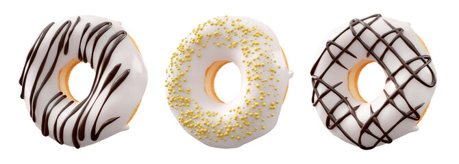 Donuts with white chocolate glaze, sprinkles, white drizzle, and dots isolated on white transparent background. 3d rendering and illustration of dessert variety