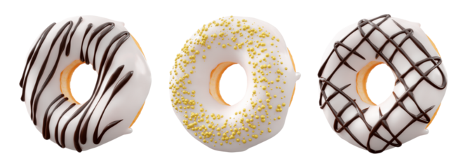 Donuts with white chocolate glaze, sprinkles, white drizzle, and dots isolated on white transparent background. 3d rendering and illustration of dessert variety