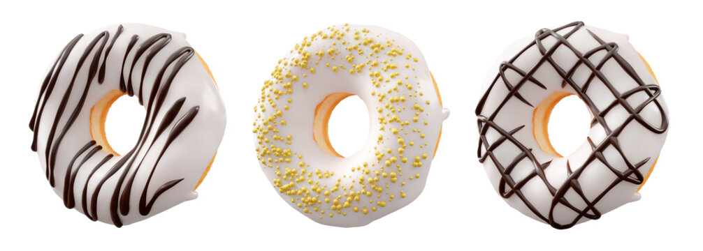 Donuts with white chocolate glaze, sprinkles, white drizzle, and dots isolated on white transparent background. 3d rendering and illustration of dessert variety
